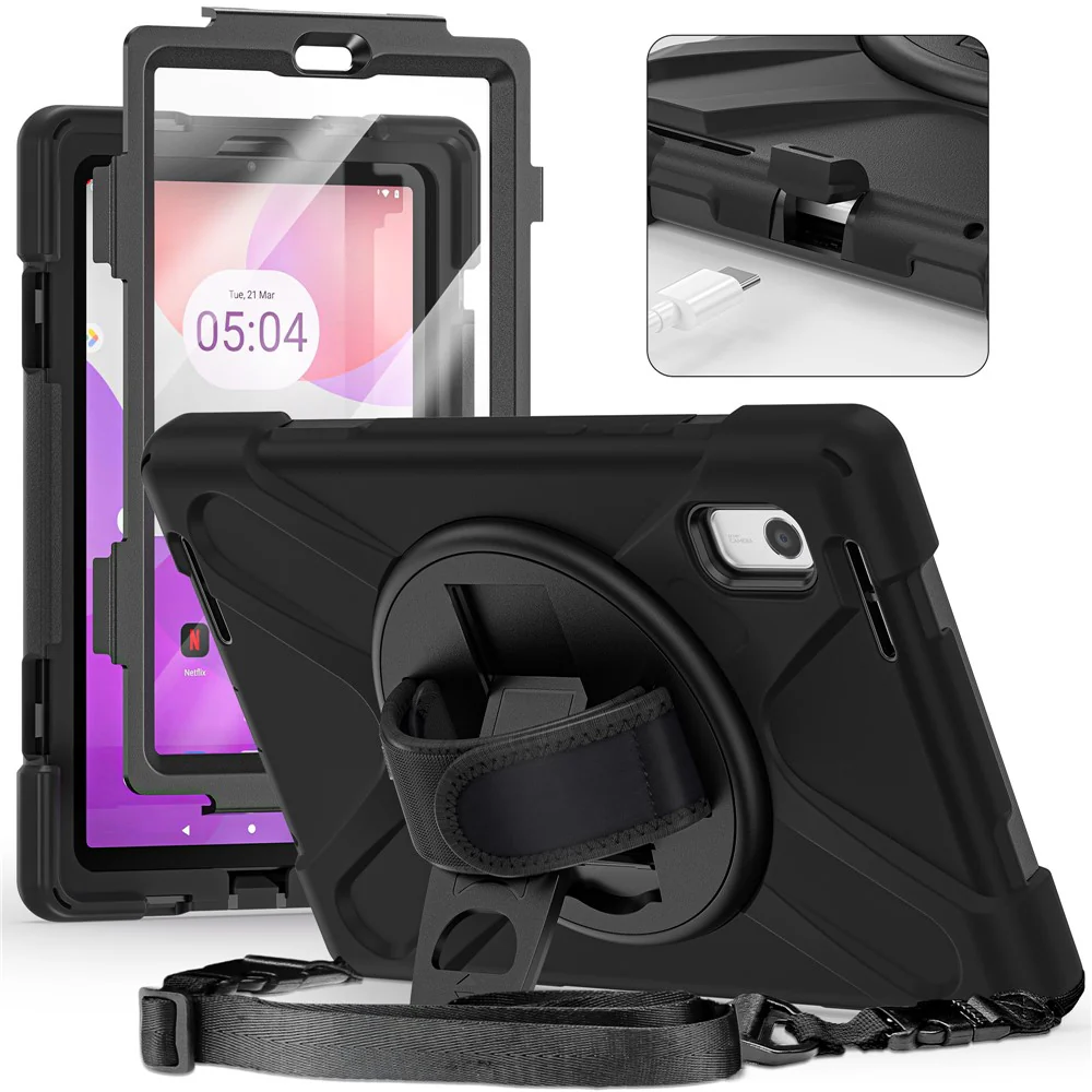 For Lenovo Tab M9 TB-310FU Kickstand Tablet Case PC+Silicone Protective Cover with Hand Strap / Shoulder Strap - Black - Image 5