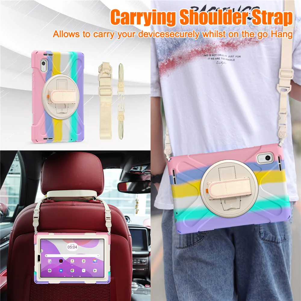 For Lenovo Tab M9 TB-310FU Kickstand Tablet Case PC+Silicone Protective Cover with Hand Strap / Shoulder Strap - Colorful Pink - Image 8