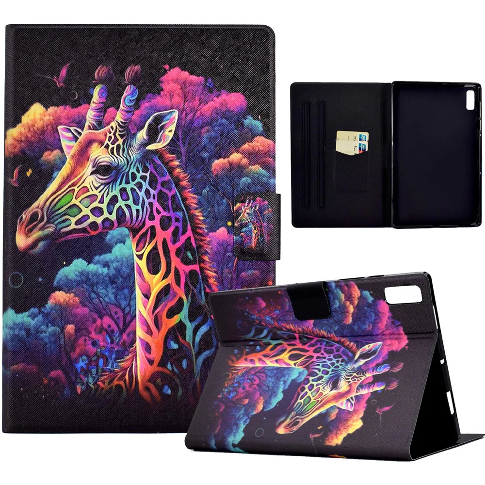 For Lenovo Tab M9 TB-310FU PU Leather Tablet Case A4 Pattern Printing Stand Card Holder Cover - Giraffe