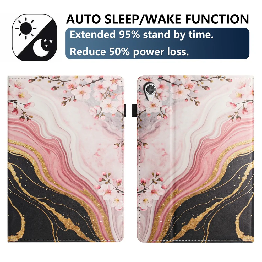 For Lenovo Tab M9 TB-310FU Tablet Case Litchi Texture Pattern Printing Leather Cover Auto Sleep  /  Wake with Card Holder - Marble Flower - Image 4