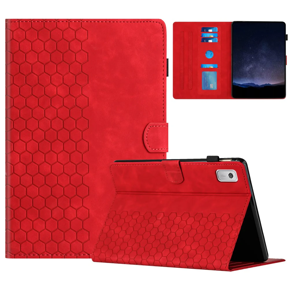 For Lenovo Tab P11 Gen 2 Case Honeycomb Printed Leather Tablet Cover with Card Slot - Red