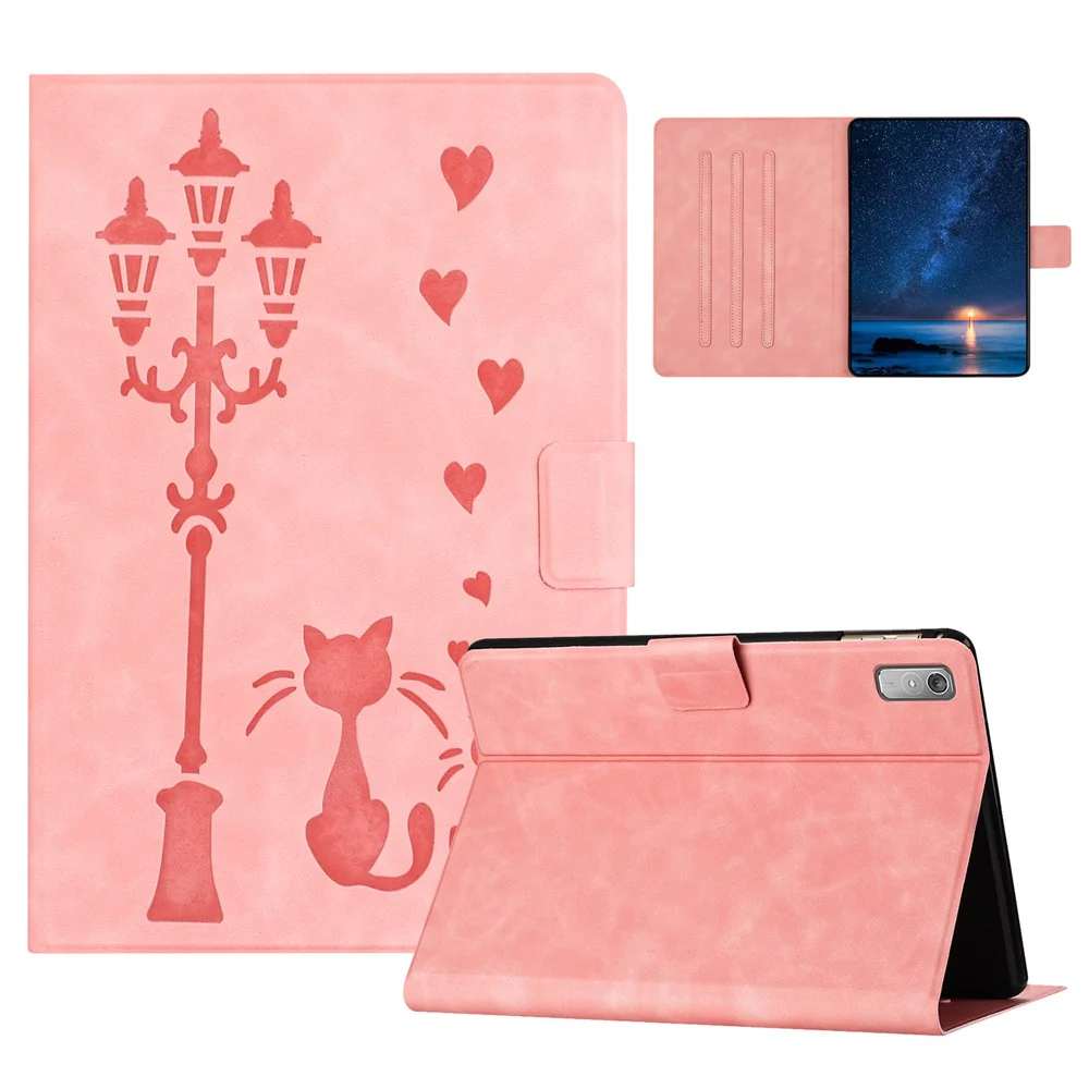 For Lenovo Tab P11 Gen 2 TB-350 Case Couple Cat Imprinted Microfiber Leather Smart Tablet Cover - Pink