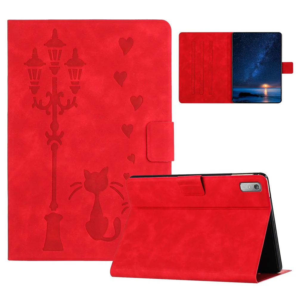 For Lenovo Tab P11 Gen 2 TB-350 Case Couple Cat Imprinted Microfiber Leather Smart Tablet Cover - Red