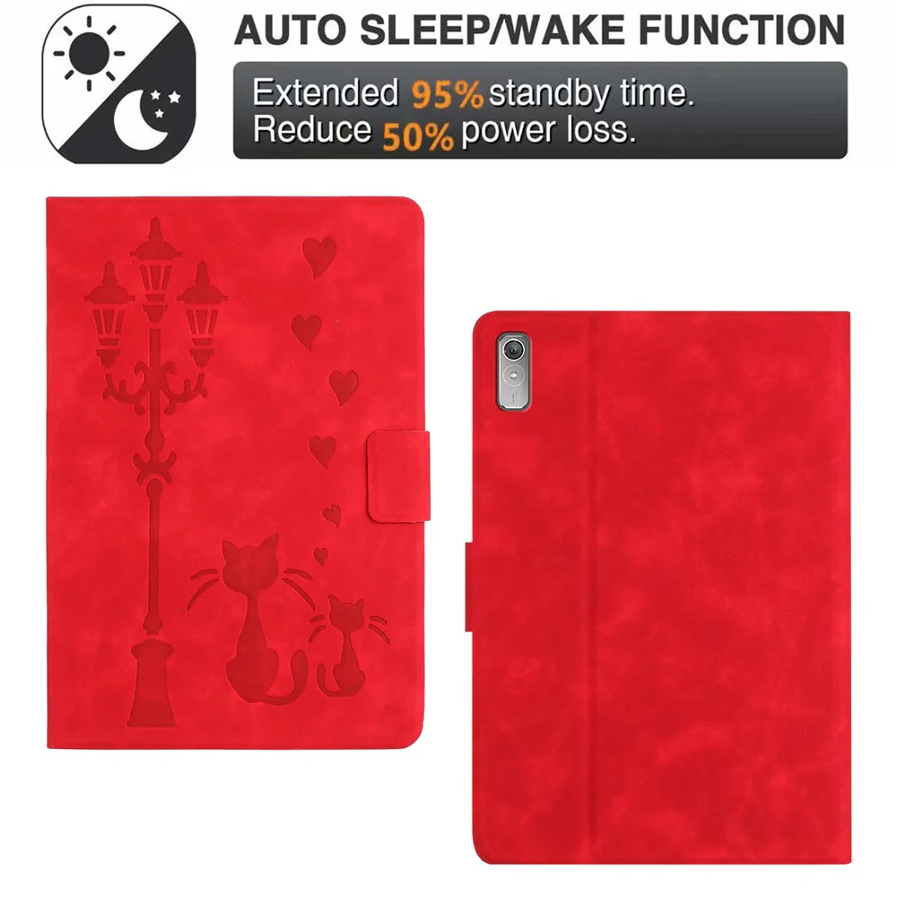 For Lenovo Tab P11 Gen 2 TB-350 Case Couple Cat Imprinted Microfiber Leather Smart Tablet Cover - Red - Image 7