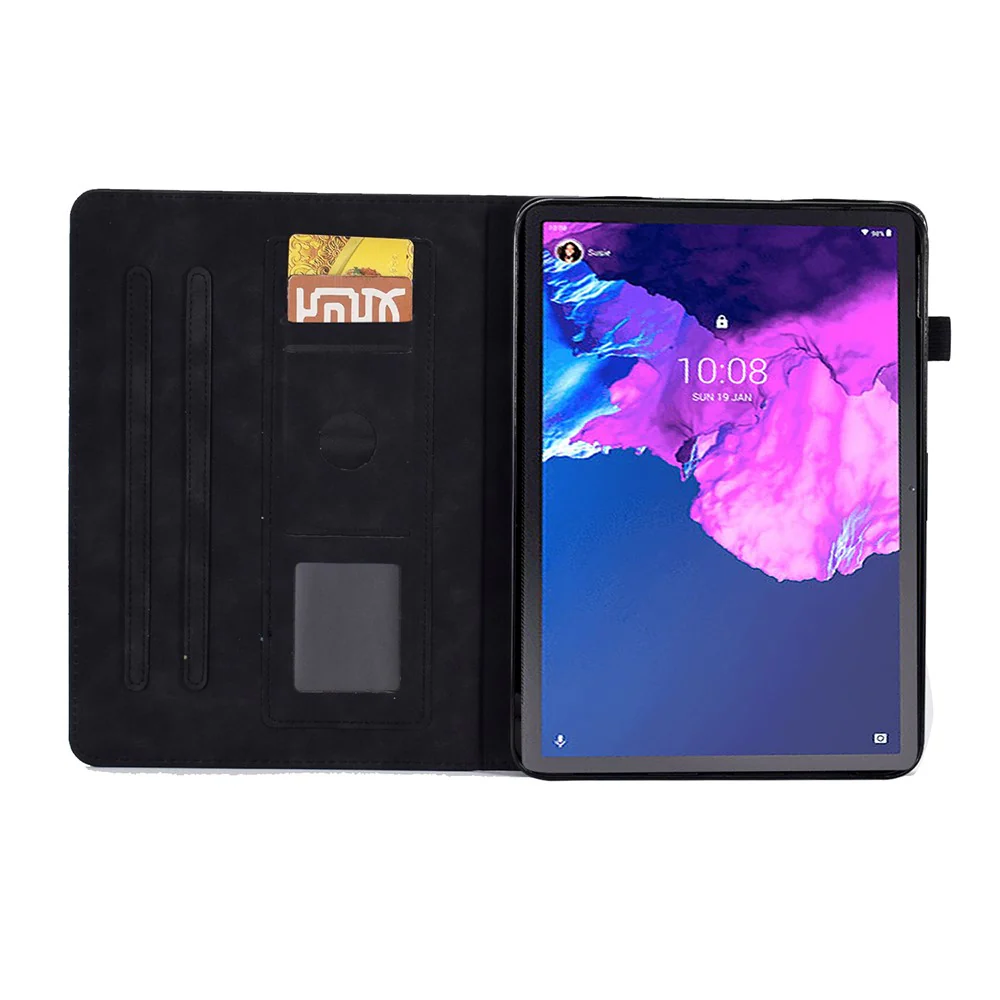 For Lenovo Tab P11 / J606F Butterfly Flower Pattern Imprinted PU Leather Stitching Line Smart Tablet Cover with Card Holder Stand Shockproof Case - Black - Image 2