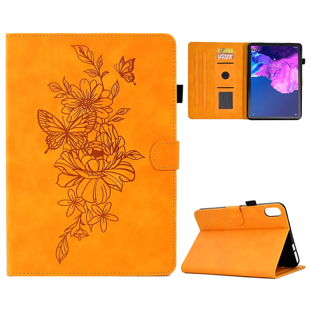 For Lenovo Tab P11 / J606F Butterfly Flower Pattern Imprinted PU Leather Stitching Line Smart Tablet Cover with Card Holder Stand Shockproof Case - Khaki