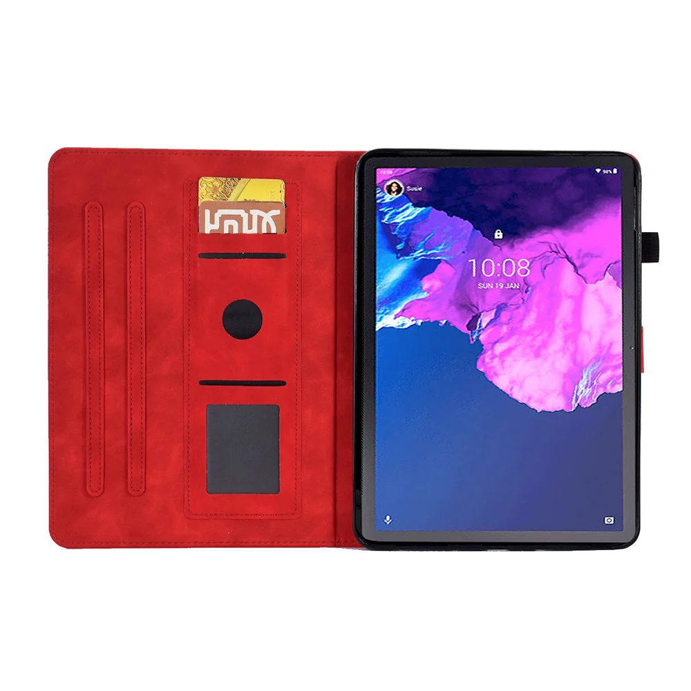 For Lenovo Tab P11 / J606F Butterfly Flower Pattern Imprinted PU Leather Stitching Line Smart Tablet Cover with Card Holder Stand Shockproof Case - Red - Image 2