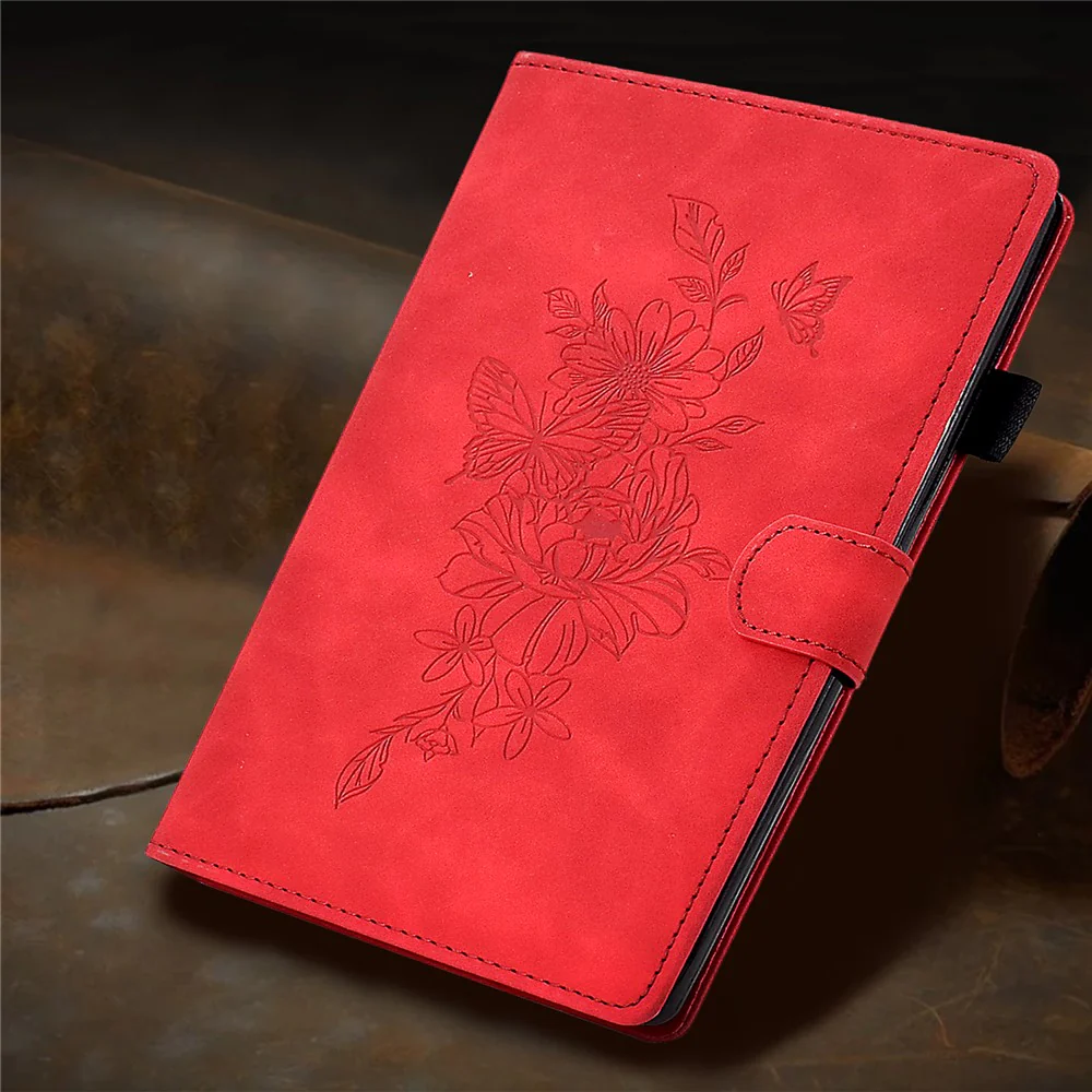 For Lenovo Tab P11 / J606F Butterfly Flower Pattern Imprinted PU Leather Stitching Line Smart Tablet Cover with Card Holder Stand Shockproof Case - Red - Image 8