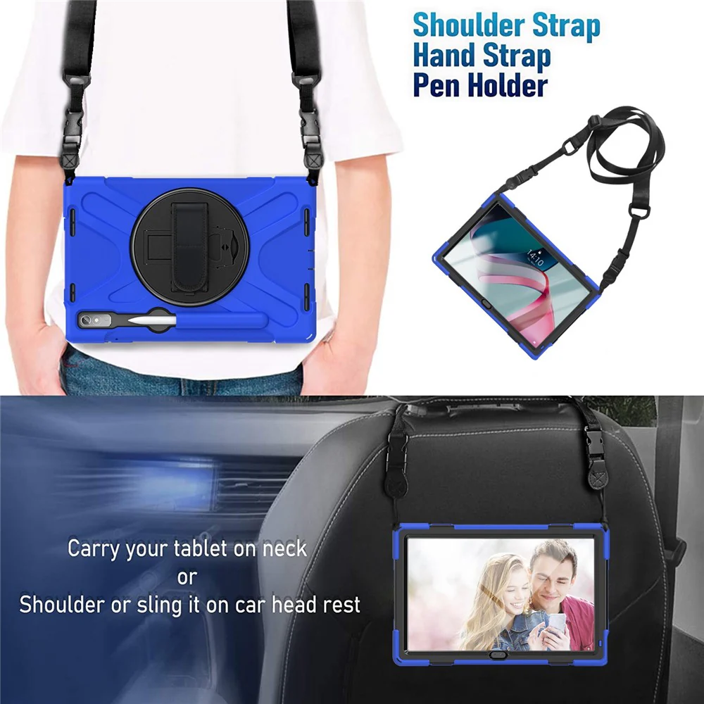 For Lenovo Tab P11 Pro Gen 2 Case Rotation Kickstand PC + Silicone Tablet Cover with Hand Strap / Shoulder Strap - Blue - Image 5