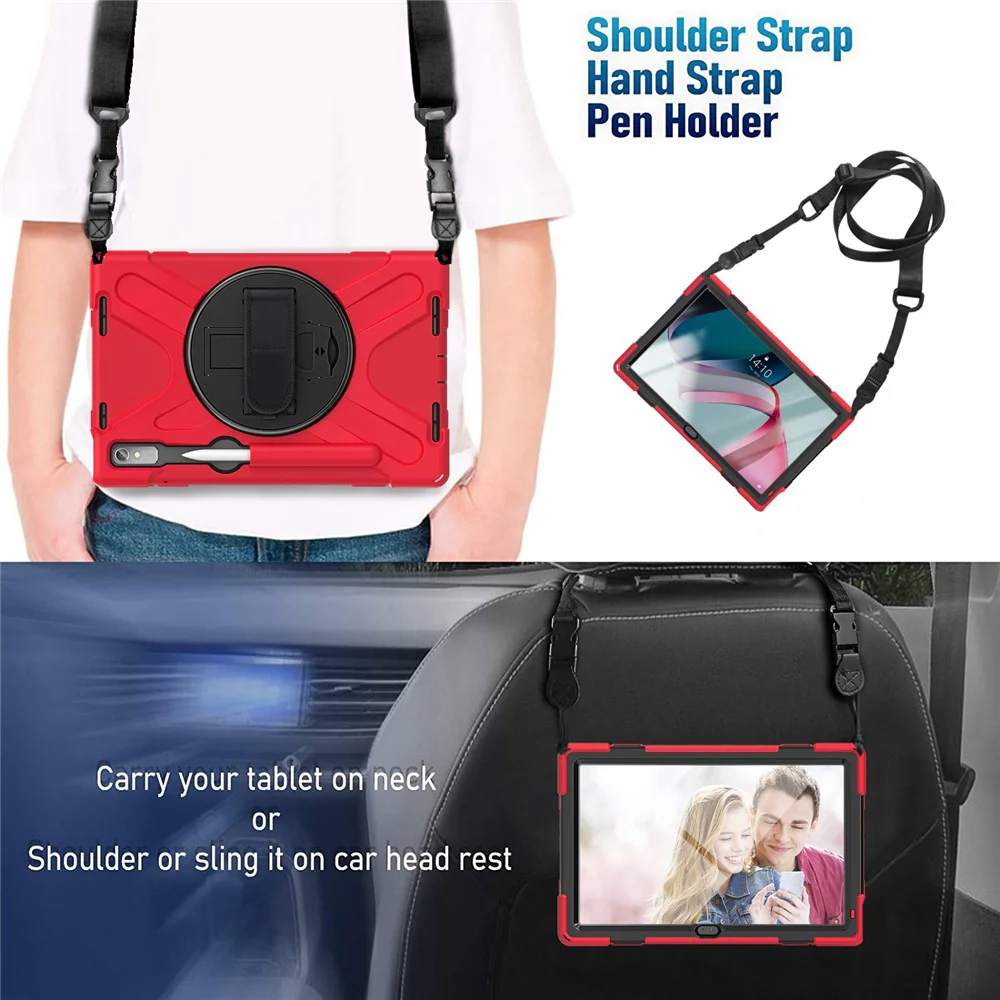 For Lenovo Tab P11 Pro Gen 2 Case Rotation Kickstand PC + Silicone Tablet Cover with Hand Strap / Shoulder Strap - Red - Image 5