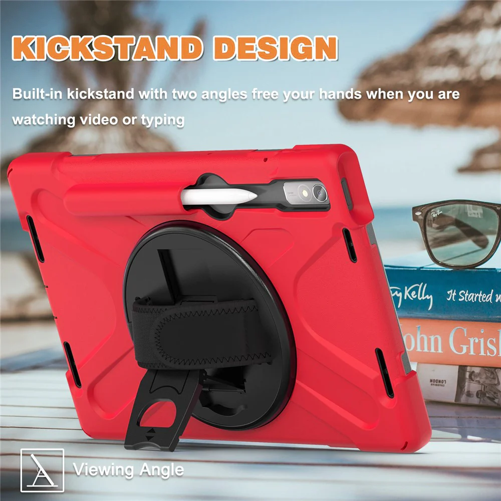 For Lenovo Tab P11 Pro Gen 2 / Tab P11 Pro 2022 Kickstand PC + Silicone Tablet Case 360 Degree Rotation Hand Strap Shockproof Rugged Protective Cover - Red - Image 3