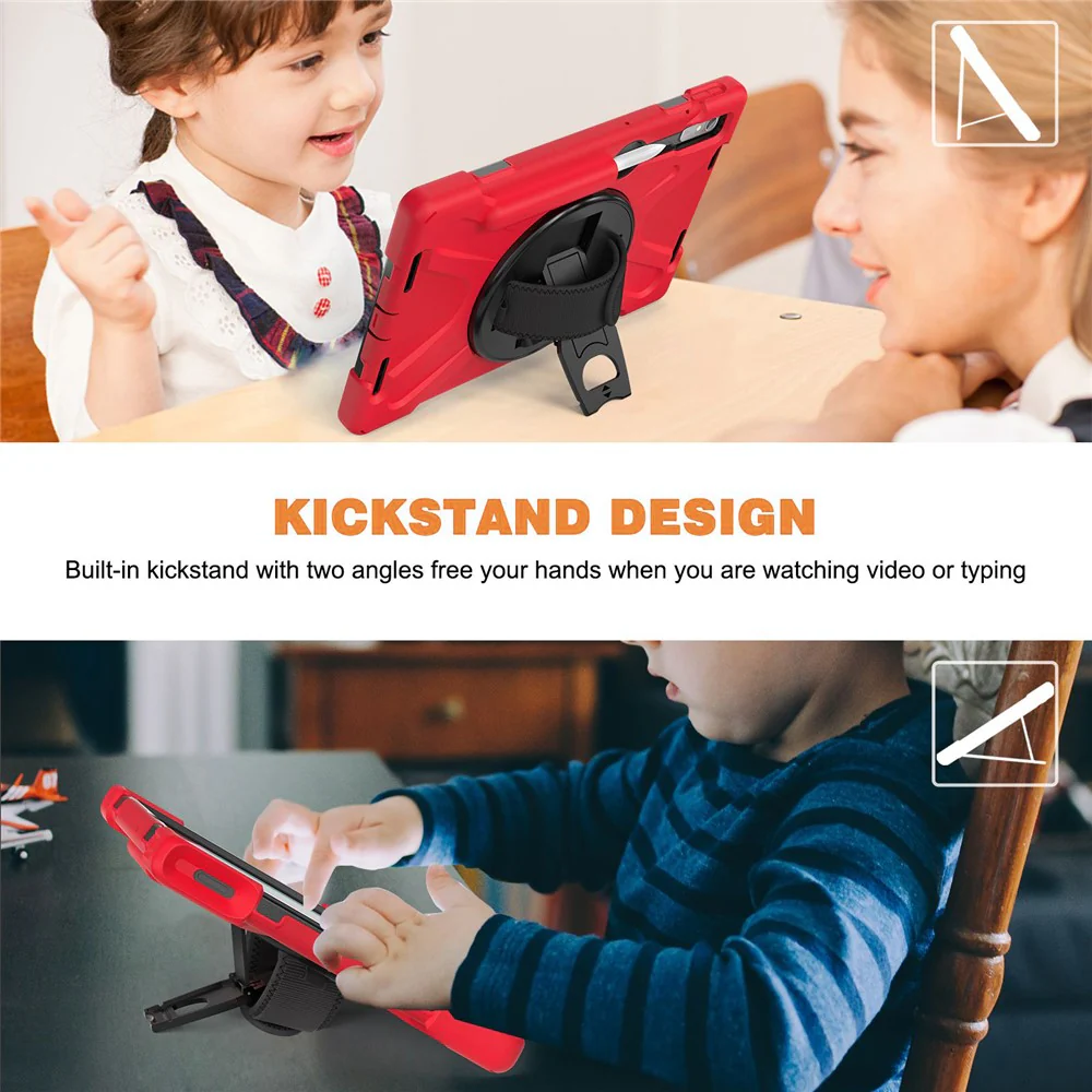 For Lenovo Tab P11 Pro Gen 2 / Tab P11 Pro 2022 Kickstand PC + Silicone Tablet Case 360 Degree Rotation Hand Strap Shockproof Rugged Protective Cover - Red - Image 4