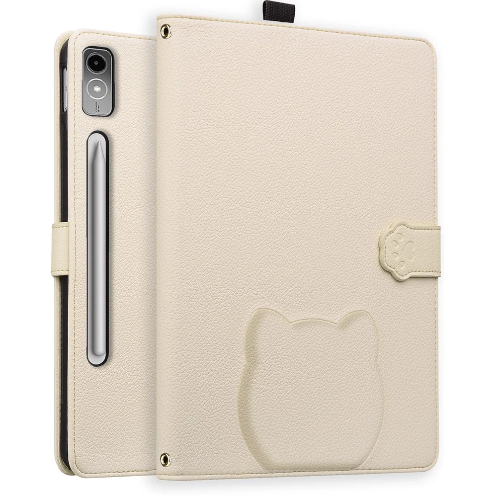 For Lenovo Tab P12 Case 3D Effect Cat Pattern Leather Stand Table Cover with Wallet, Stylus Holder - Apricot