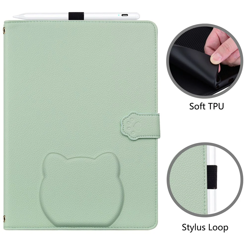 For Lenovo Tab P12 Case 3D Effect Cat Pattern Leather Stand Table Cover with Wallet, Stylus Holder - Green - Image 5