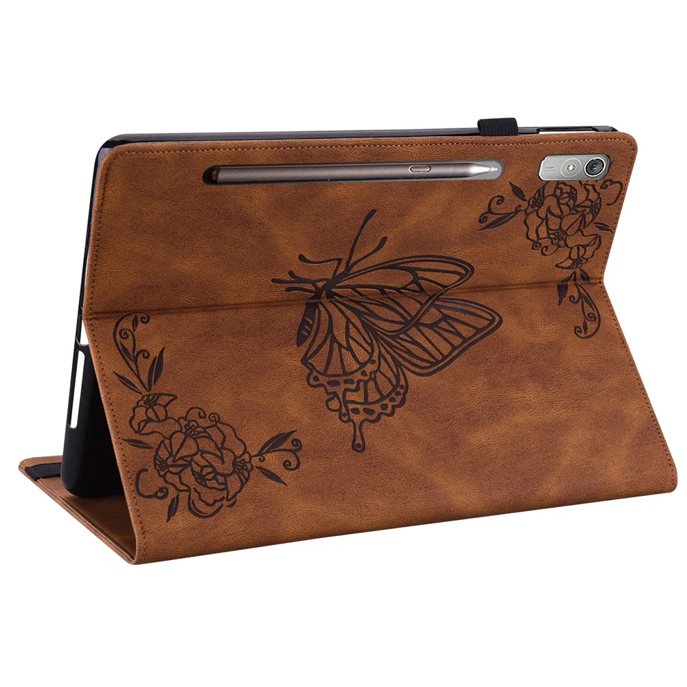 For Lenovo Tab P12 Case Butterfly Flower Imprinted PU Leather Stand Tablet Cover - Brown - Image 4