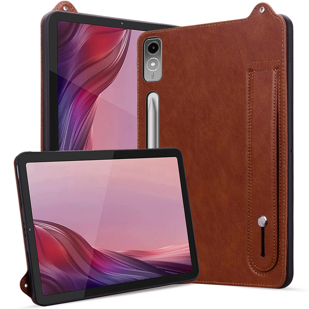 For Lenovo Tab P12 Case Hand Strap Kickstand Leather Tablet Cover - Brown - Image 5