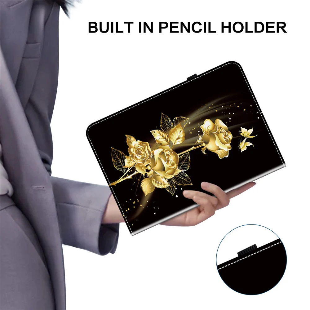 For Lenovo Tab P12 Case Pattern Printing Card Slots Tablet Shell with Foldable Stand - Gold Butterfly Rose - Image 7