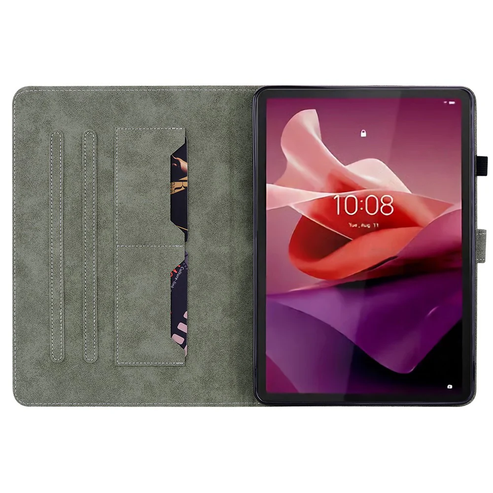 For Lenovo Tab P12 Leather Case Cute Tiger Imprinted PU Leather Card Holder Tablet Cover - Grey - Image 3