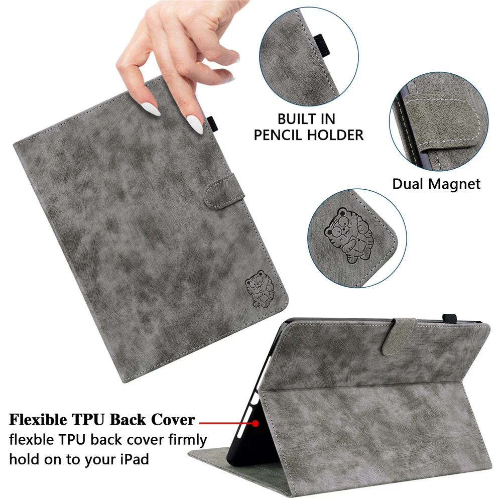 For Lenovo Tab P12 Leather Case Cute Tiger Imprinted PU Leather Card Holder Tablet Cover - Grey - Image 6
