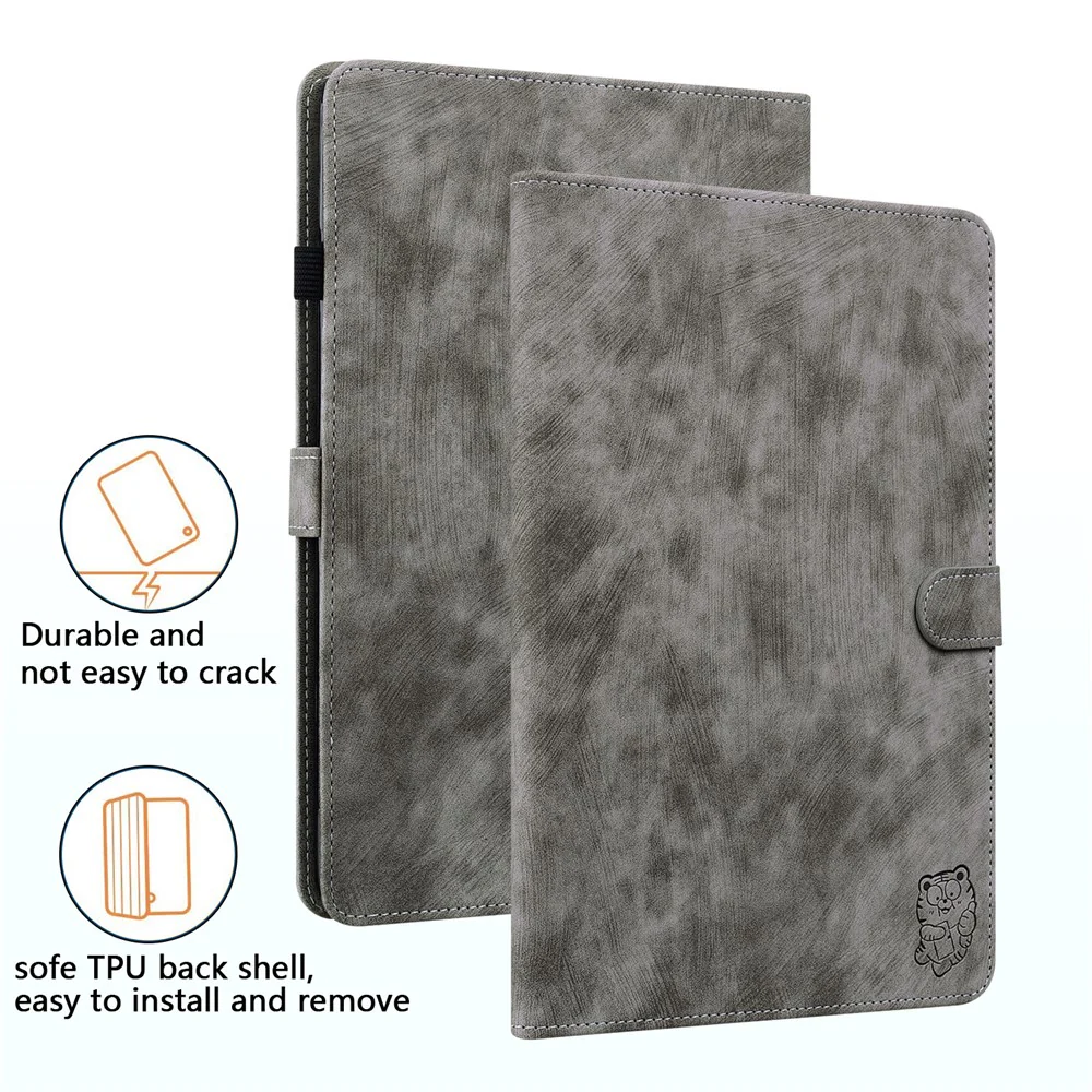 For Lenovo Tab P12 Leather Case Cute Tiger Imprinted PU Leather Card Holder Tablet Cover - Grey - Image 7