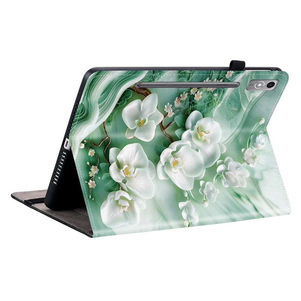 For Lenovo Tab P12 Leather Case Pattern Printed Stand Tablet Cover with Card Slots - Jade Flower - Image 4