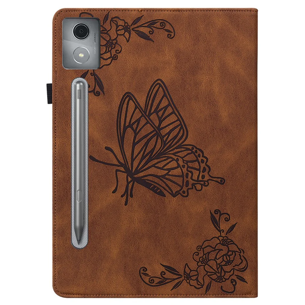 For Lenovo Tab P12 Pro 12.7 2025 / Xiaoxin Pad Pro 12.7 (2025) Case Butterfly Flower Imprint PU Leather Tablet Cover with Card Slots - Brown - Image 6