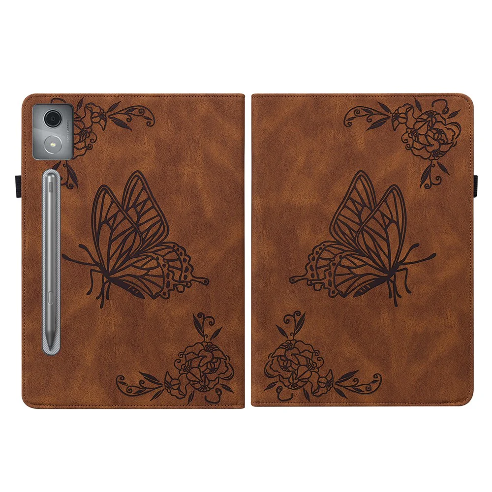 For Lenovo Tab P12 Pro 12.7 2025 / Xiaoxin Pad Pro 12.7 (2025) Case Butterfly Flower Imprint PU Leather Tablet Cover with Card Slots - Brown - Image 7