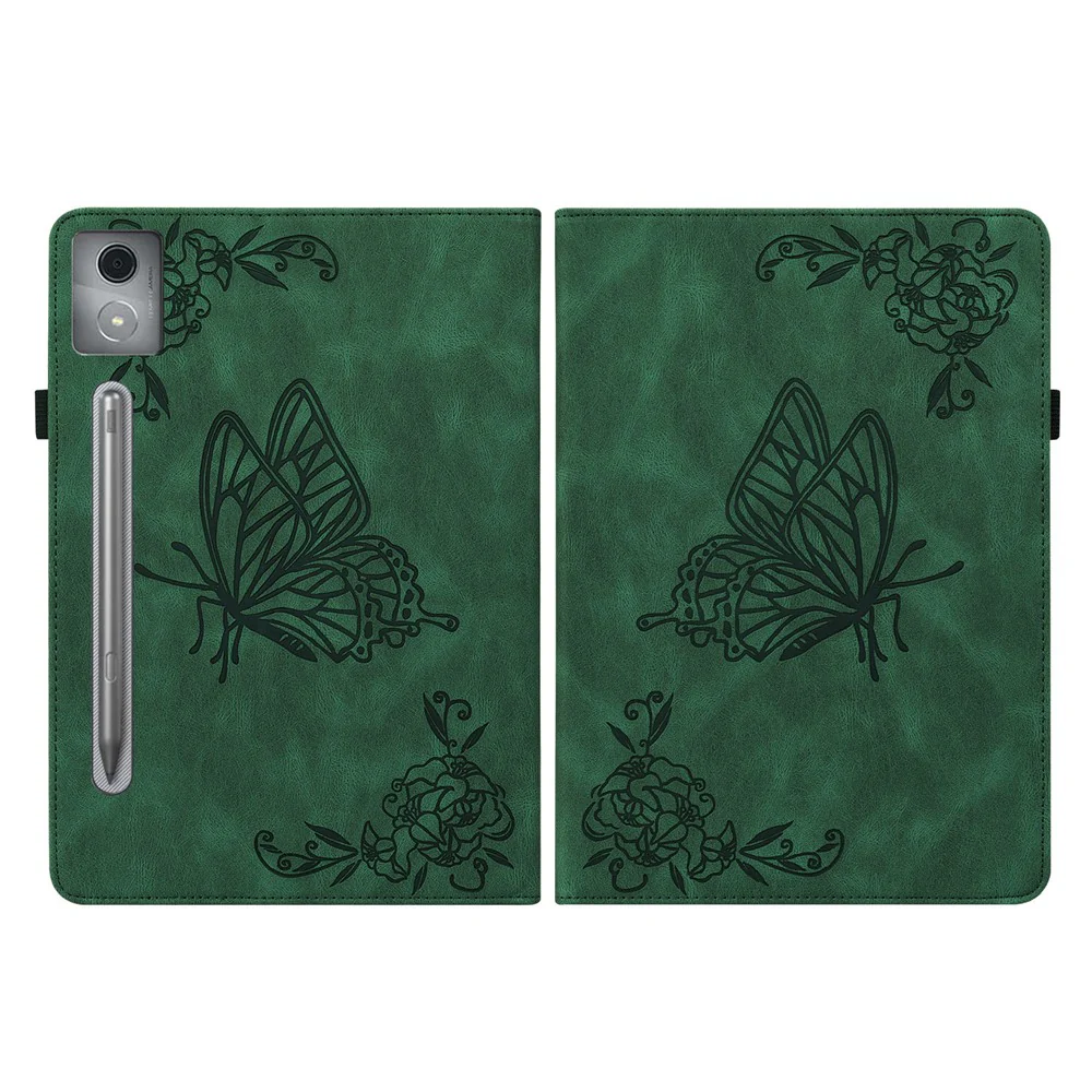 For Lenovo Tab P12 Pro 12.7 2025 / Xiaoxin Pad Pro 12.7 (2025) Case Butterfly Flower Imprint PU Leather Tablet Cover with Card Slots - Green - Image 7