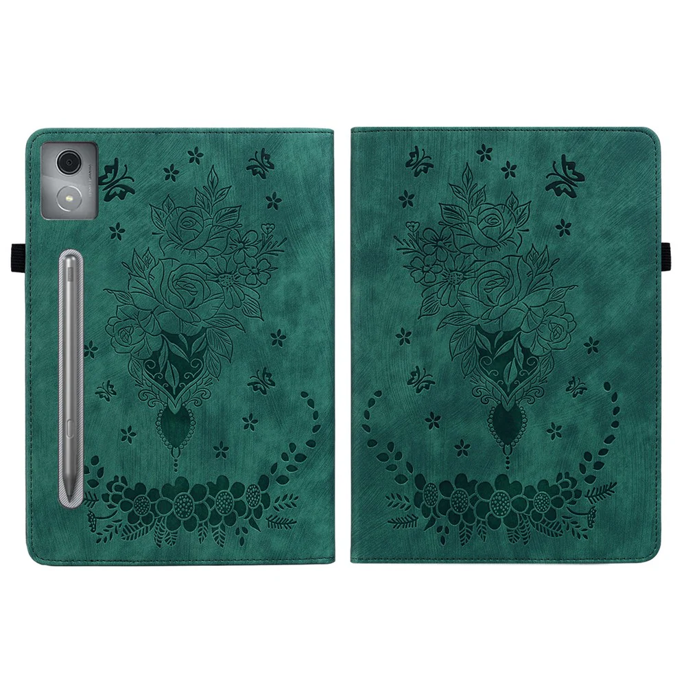 For Lenovo Tab P12 Pro 12.7 2025 / Xiaoxin Pad Pro 12.7 (2025) Case Card Holder Anti-Scratch Leather Cover Rose Flower Imprint - Green - Image 7