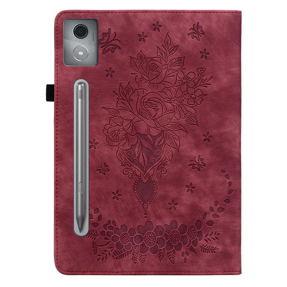 For Lenovo Tab P12 Pro 12.7 2025 / Xiaoxin Pad Pro 12.7 (2025) Case Card Holder Anti-Scratch Leather Cover Rose Flower Imprint - Red - Image 6