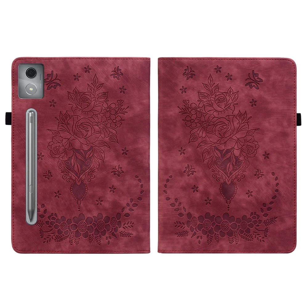 For Lenovo Tab P12 Pro 12.7 2025 / Xiaoxin Pad Pro 12.7 (2025) Case Card Holder Anti-Scratch Leather Cover Rose Flower Imprint - Red - Image 7