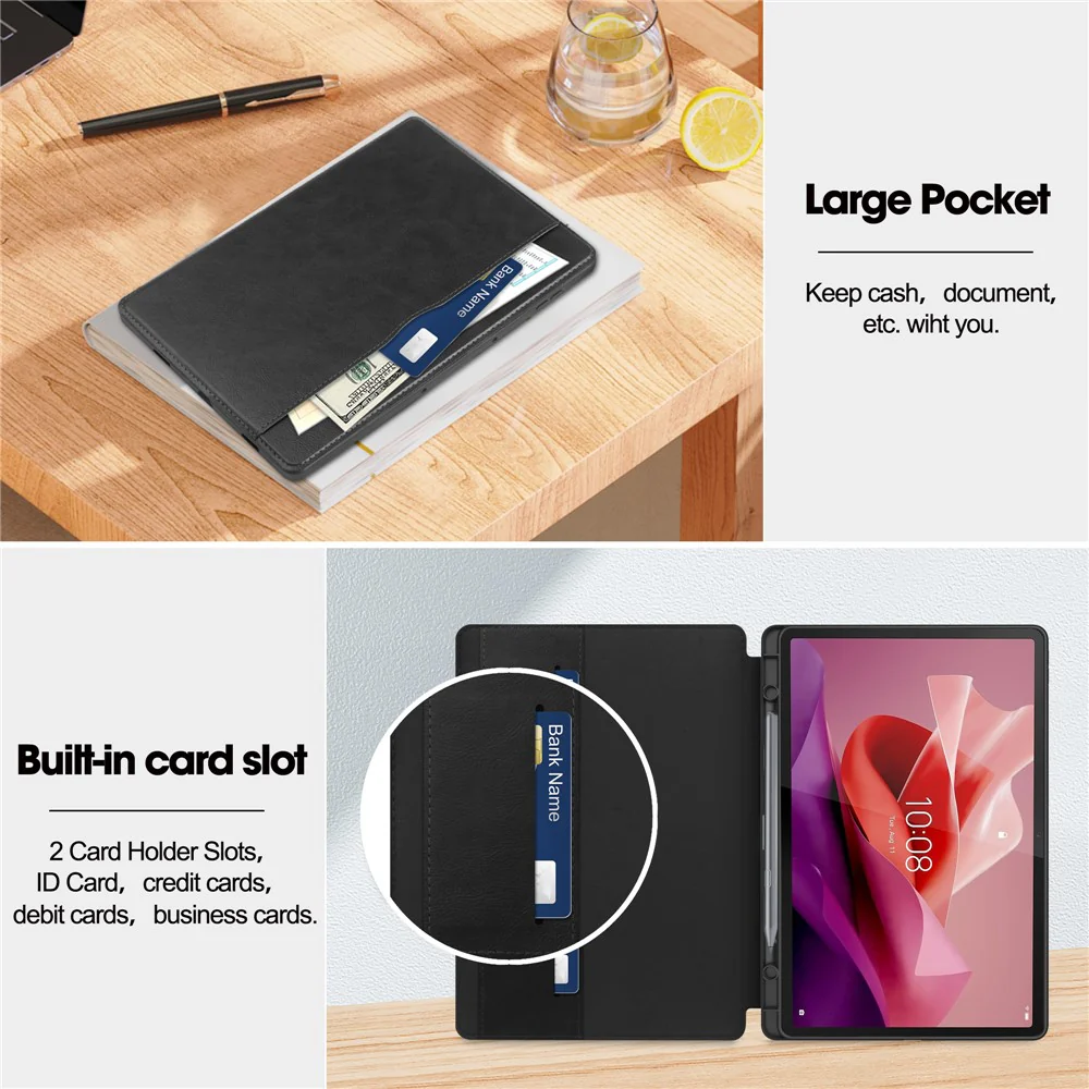 For Lenovo Tab P12 Stand Protective Cover PU Leather Wallet Tablet Case with Pencil Holder - Black - Image 3