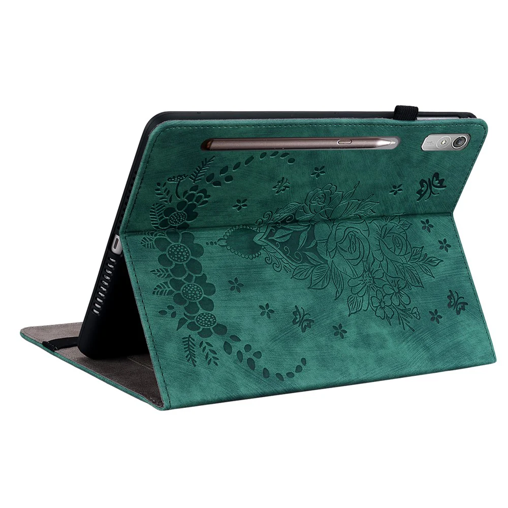 For Lenovo Tab P12 Tablet Cover PU Leather Card Holder Butterfly Rose Imprinted Case - Green - Image 4
