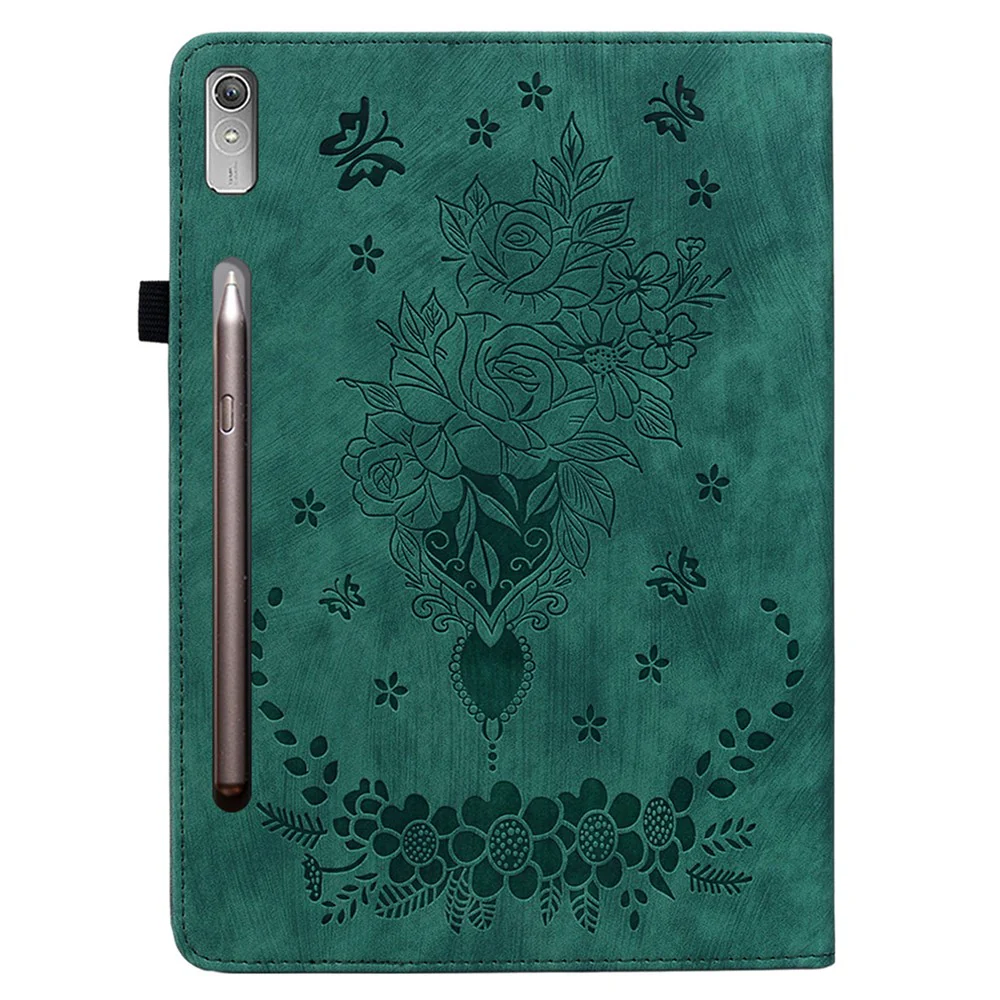For Lenovo Tab P12 Tablet Cover PU Leather Card Holder Butterfly Rose Imprinted Case - Green - Image 8