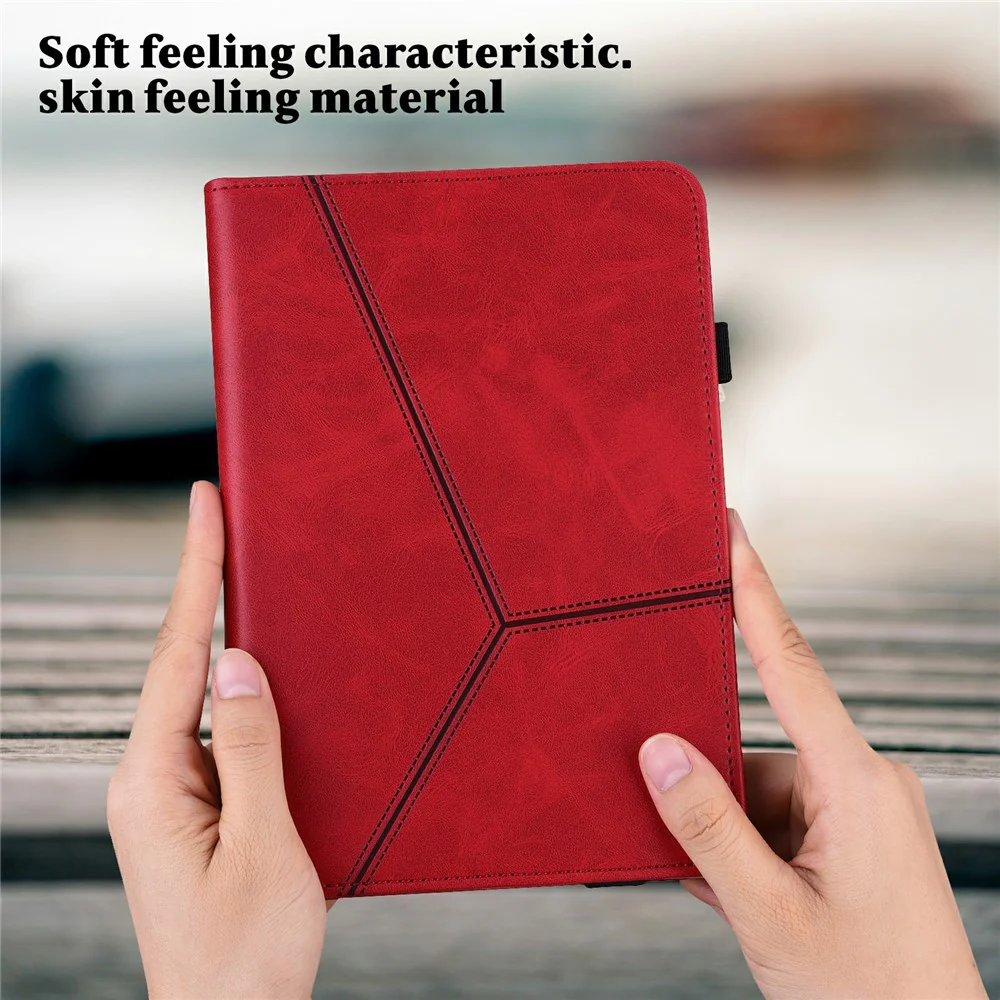 For Lenovo Tab Plus Case Line Imprinted PU Leather Card Holder Tablet Stand Cover - Red - Image 6