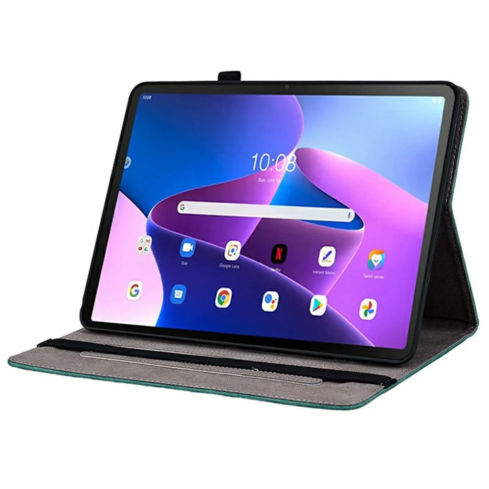 For Lenovo Tab TB311FU Case Card Holder Anti-Scratch Leather Cover Rose Flower Imprint - Green - Image 3