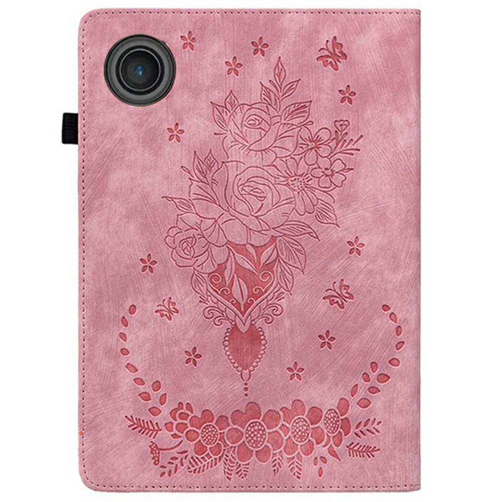 For Lenovo Tab TB311FU Case Card Holder Anti-Scratch Leather Cover Rose Flower Imprint - Pink - Image 6