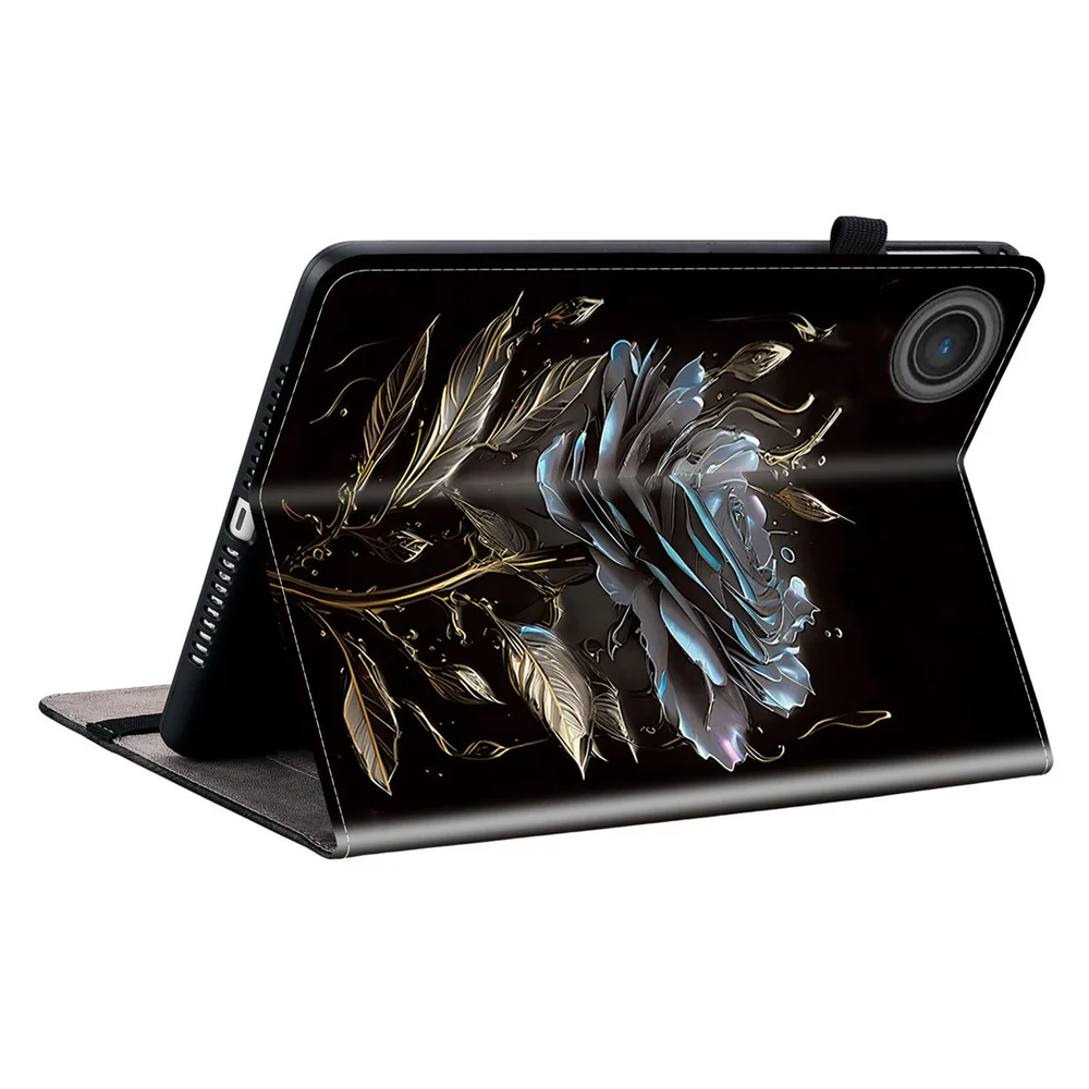 For Lenovo Tab TB311FU Leather Case Pattern Printed Stand Tablet Cover with Card Slots - Black Rose - Image 4