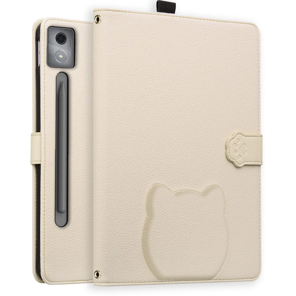 For Lenovo Xiaoxin Pad Pro 12.7 (2025) Case 3D Effect Cat Pattern Leather Stand Table Cover with Wallet, Stylus Holder - Apricot