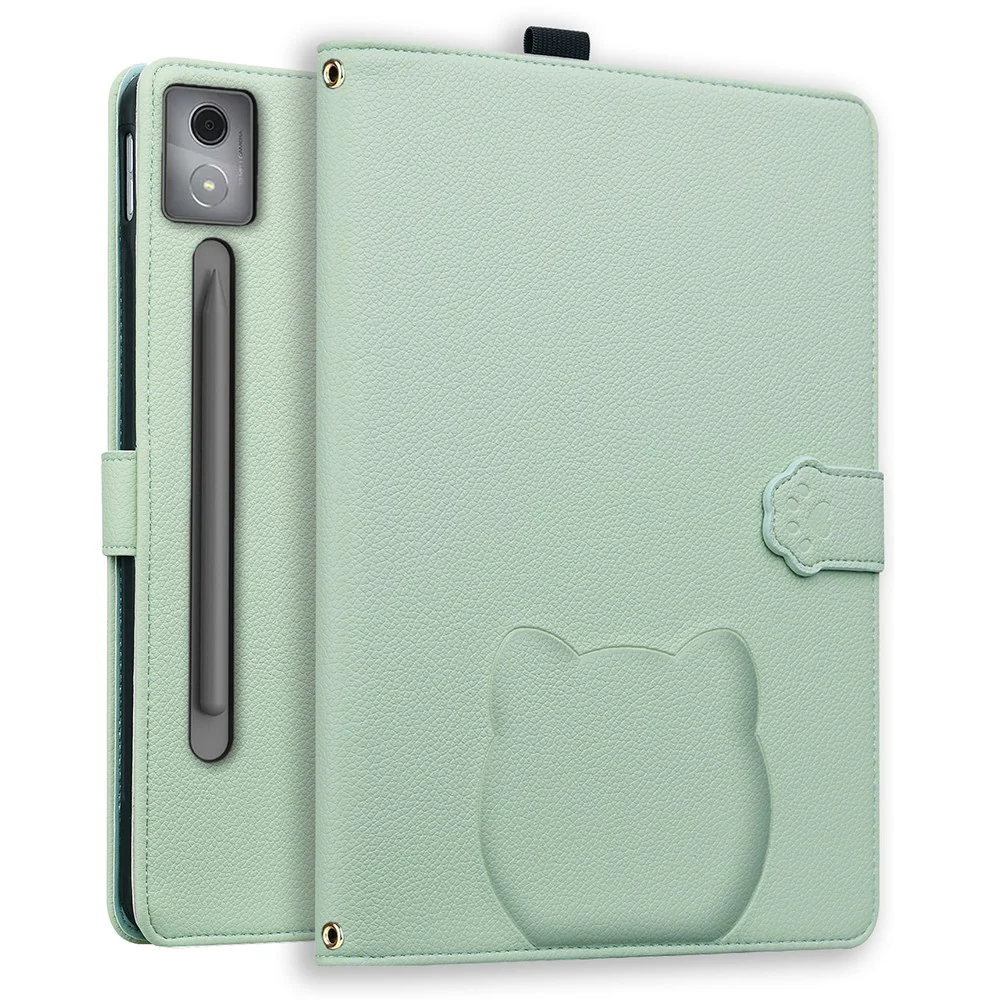 For Lenovo Xiaoxin Pad Pro 12.7 (2025) Case 3D Effect Cat Pattern Leather Stand Table Cover with Wallet, Stylus Holder - Green