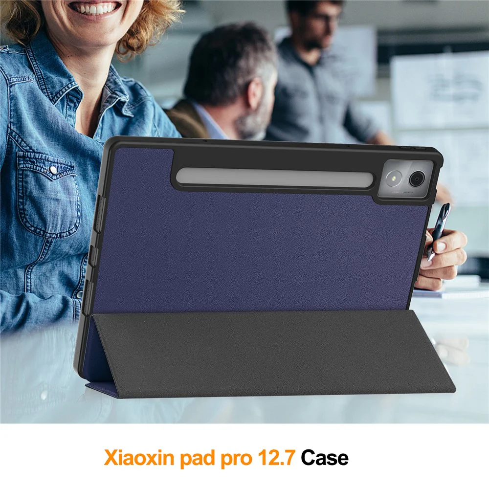 For Lenovo Xiaoxin Pad Pro 12.7 (2025) Stand Case Shock-Absorbent Leather Tablet Cover with Pen Slot - Dark Blue - Image 8