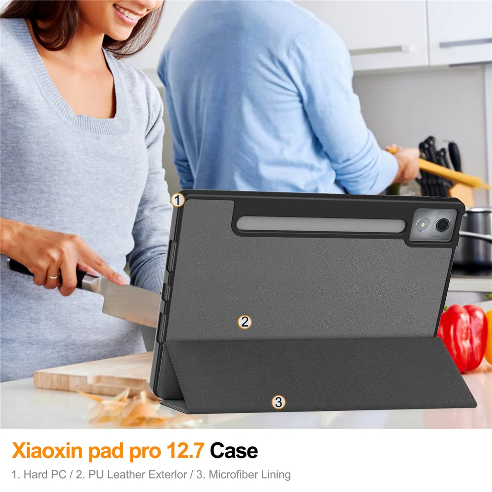 For Lenovo Xiaoxin Pad Pro 12.7 (2025) Stand Case Shock-Absorbent Leather Tablet Cover with Pen Slot - Grey - Image 7
