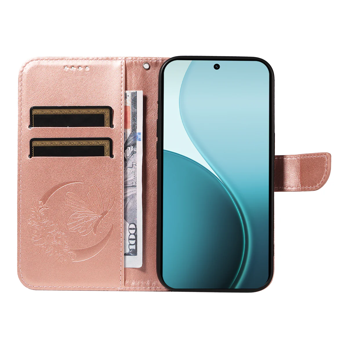 For Oppo Reno14 Pro 5G (China) / Oppo Reno14 Pro 5G (Global) Case Butterfly Pattern PU Leather Folio Flip Phone Cover - Rose Gold - Image 2