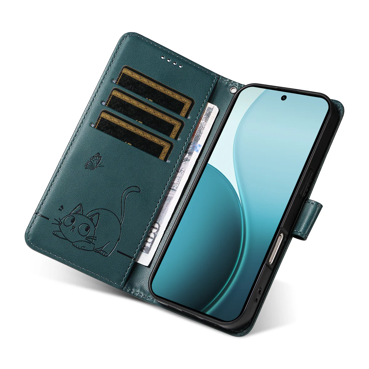 For Oppo Reno14 Pro 5G (China) / Oppo Reno14 Pro 5G (Global) Case Cat Pattern Imprint Leather Phone Cover with Wrist Strap - Blue - Image 8