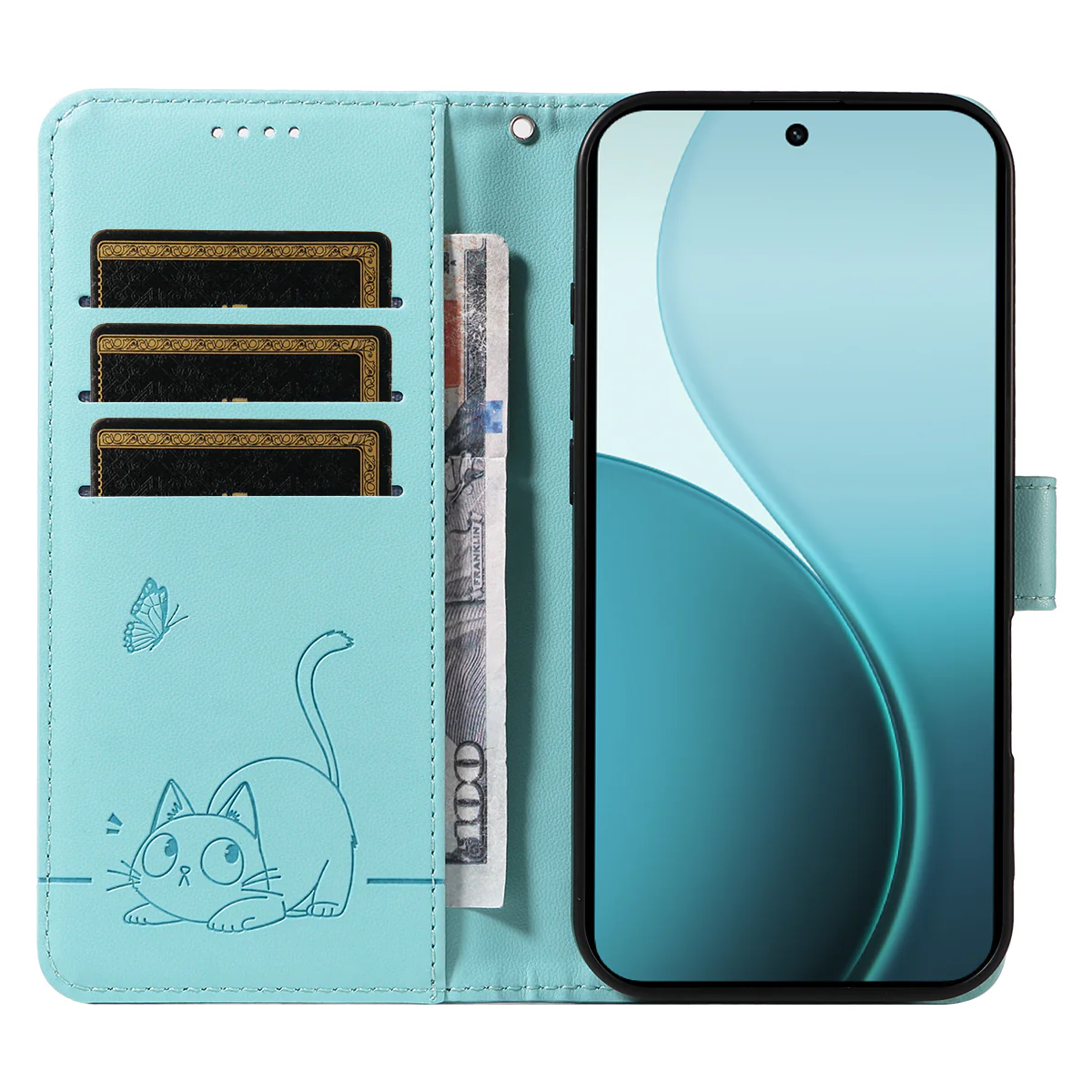 For Oppo Reno14 Pro 5G (China) / Oppo Reno14 Pro 5G (Global) Case Cat Pattern Imprint Leather Phone Cover with Wrist Strap - Green - Image 2