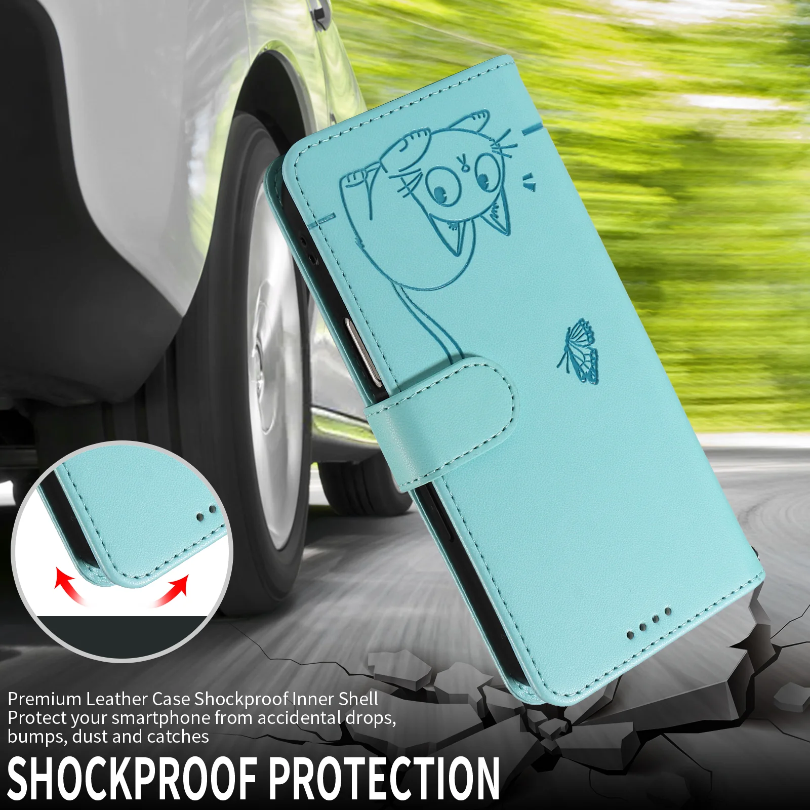For Oppo Reno14 Pro 5G (China) / Oppo Reno14 Pro 5G (Global) Case Cat Pattern Imprint Leather Phone Cover with Wrist Strap - Green - Image 4