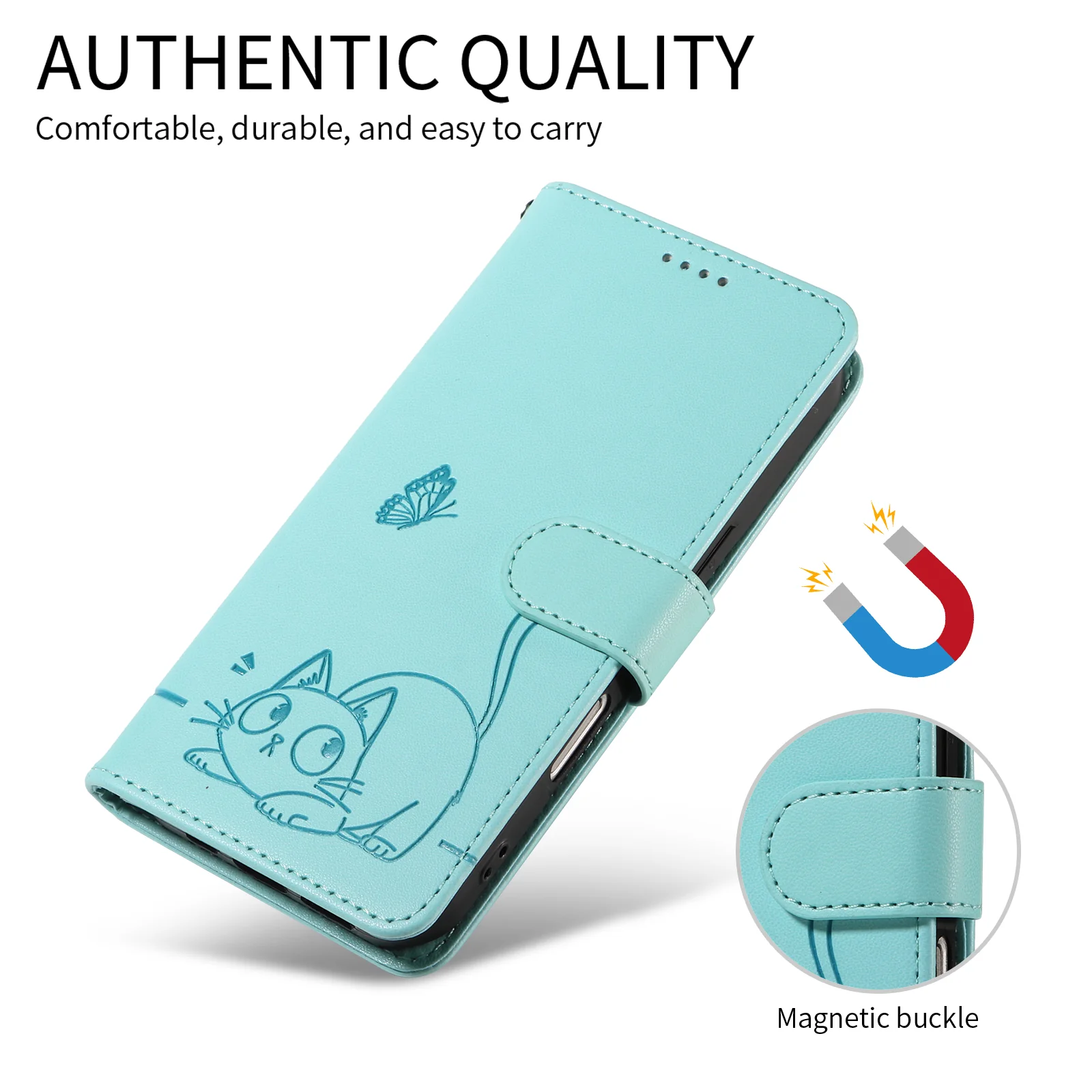 For Oppo Reno14 Pro 5G (China) / Oppo Reno14 Pro 5G (Global) Case Cat Pattern Imprint Leather Phone Cover with Wrist Strap - Green - Image 5