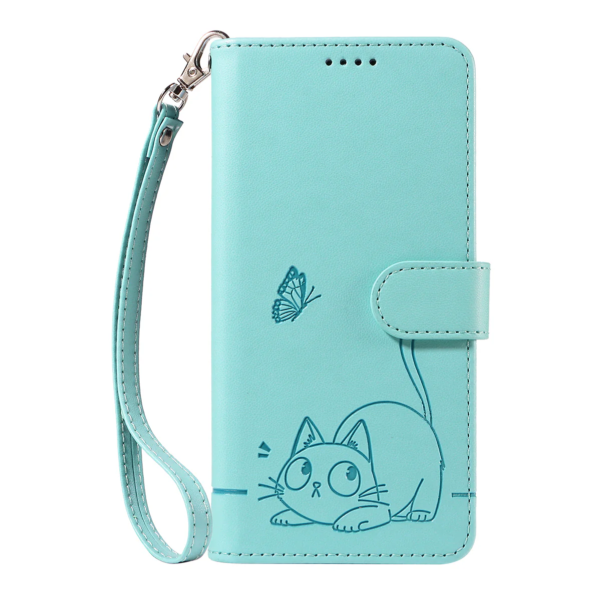 For Oppo Reno14 Pro 5G (China) / Oppo Reno14 Pro 5G (Global) Case Cat Pattern Imprint Leather Phone Cover with Wrist Strap - Green - Image 6