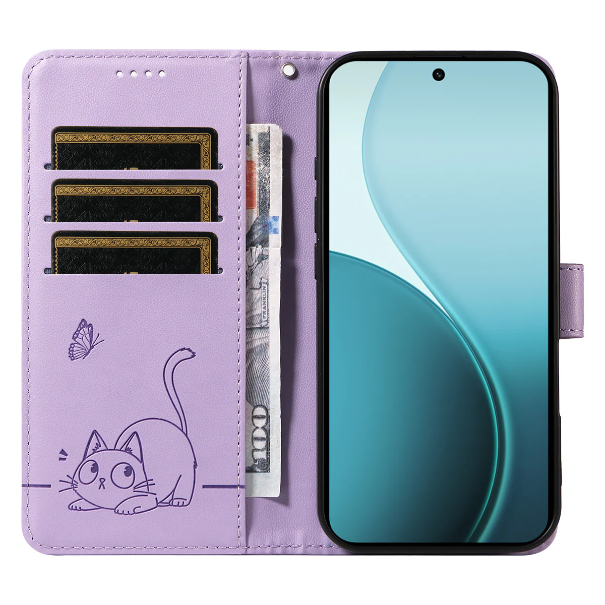 For Oppo Reno14 Pro 5G (China) / Oppo Reno14 Pro 5G (Global) Case Cat Pattern Imprint Leather Phone Cover with Wrist Strap - Purple - Image 2