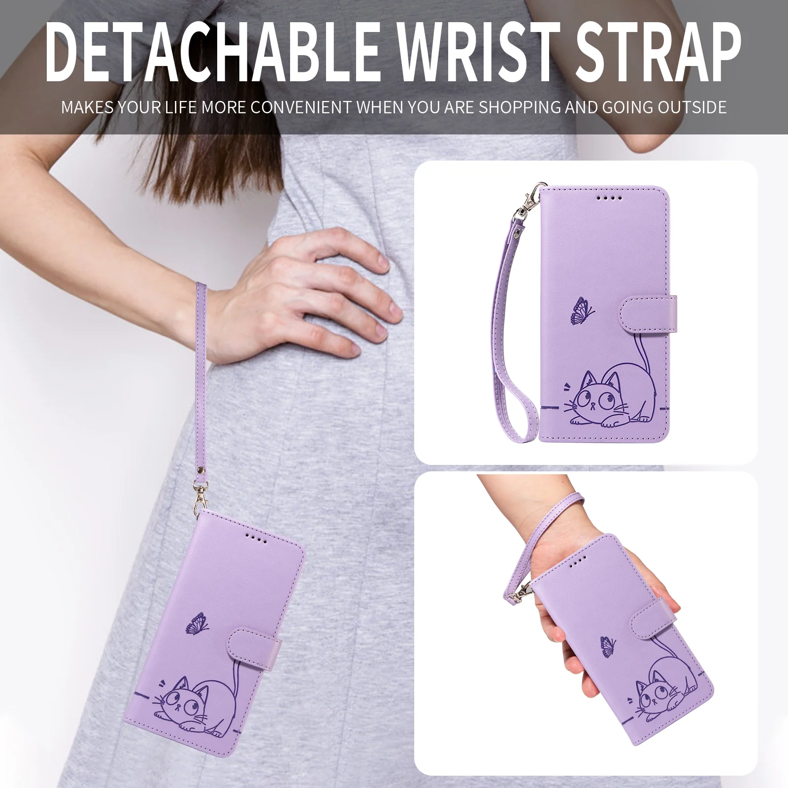 For Oppo Reno14 Pro 5G (China) / Oppo Reno14 Pro 5G (Global) Case Cat Pattern Imprint Leather Phone Cover with Wrist Strap - Purple - Image 3